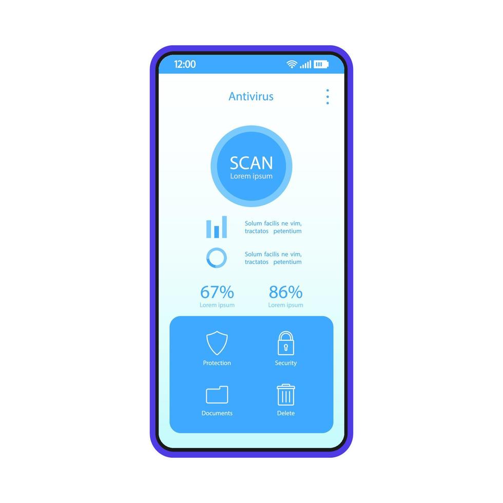 plantilla de vector de interfaz de aplicación de teléfono inteligente antivirus. diseño de diseño azul de la página de la aplicación antimalware móvil. pantalla de escaneo de virus y amenazas digitales. ui plana. pantalla del teléfono con estadísticas de errores