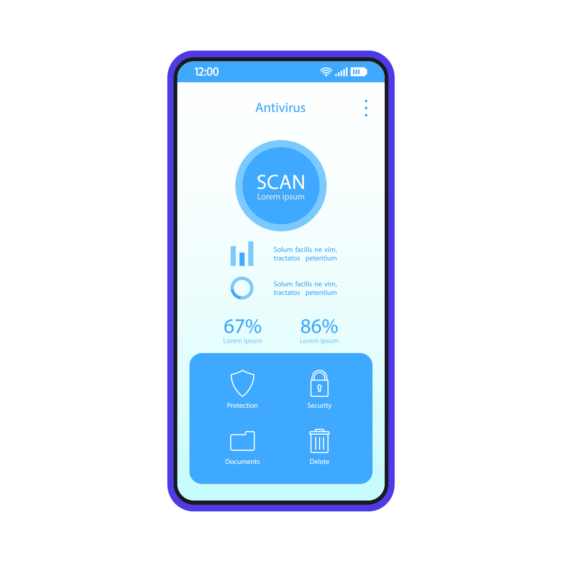 bande personale ensidigt Antivirus smartphone app interface vector template. Mobile anti-malware  application page blue design layout. Virus and digital threats scan screen.  Flat UI. Phone display with errors statistics 4666376 Vector Art at Vecteezy
