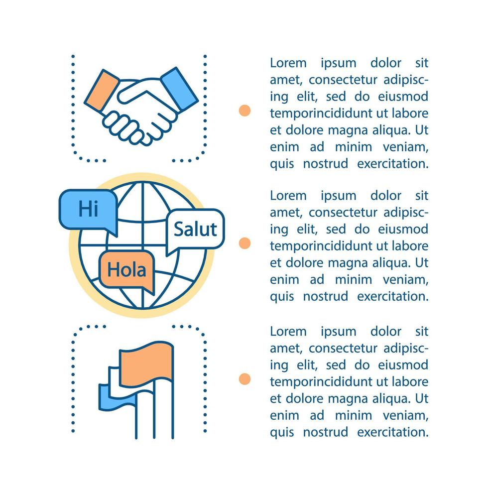 Language learning article page vector template. Brochure, magazine, booklet design element with text boxes. Foreign language for business courses, school. Educational program. Print concept design