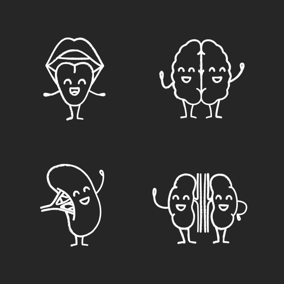 Smiling human internal organs characters chalk icons set. Happy tongue, brain, spleen, kidneys. Healthy oral cavity, nervous, lymphatic, urinary systems. Isolated vector chalkboard illustrations