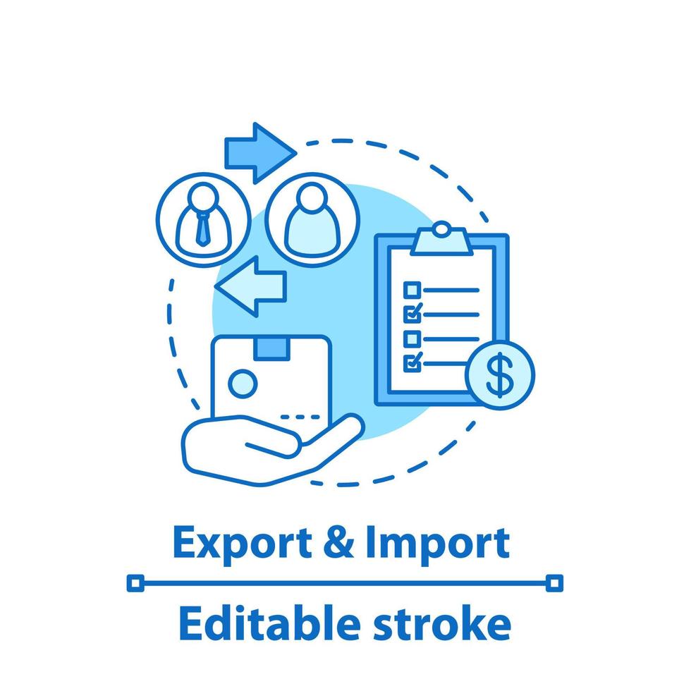Export and import concept icon. Parcel delivery service. Logistics and distribution. Global trading idea thin line illustration. Goods distributing. Vector isolated outline drawing. Editable stroke