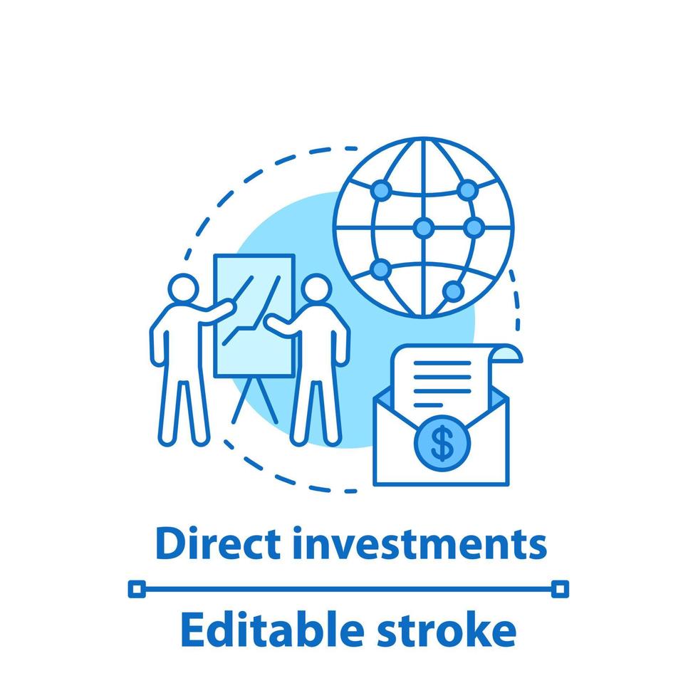 Direct investments concept icon. Global trading idea thin line illustration. Business solutions. Coaching. Presentation. Vector isolated outline drawing. Editable stroke