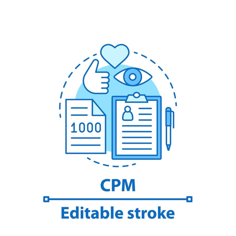 CPM concept icon. Pay per one thousand views, impressions. SMM. Social media marketing. Avertising campaign. Idea thin line illustration. Vector isolated outline drawing. Editable stroke