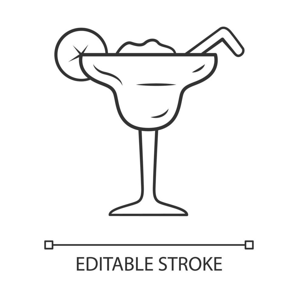 Margarita linear icon. Footed glass with icy drink, lemon slice, straw. Cocktail with tequila, liqueur, juice. Thin line illustration. Contour symbol. Vector isolated outline drawing. Editable stroke