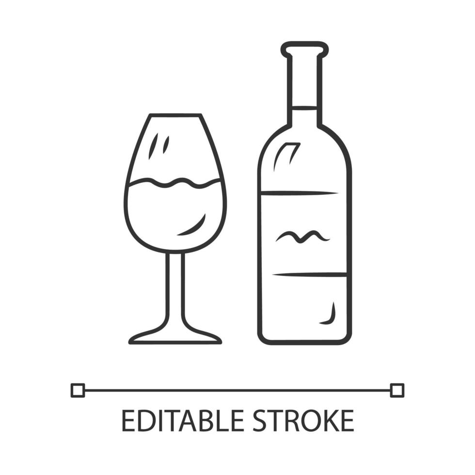 Wine linear icon. Bottle and classic footed glass with wine. Vine tasting. Alcoholic beverage. Thin line illustration. Contour symbol. Vector isolated outline drawing. Editable stroke