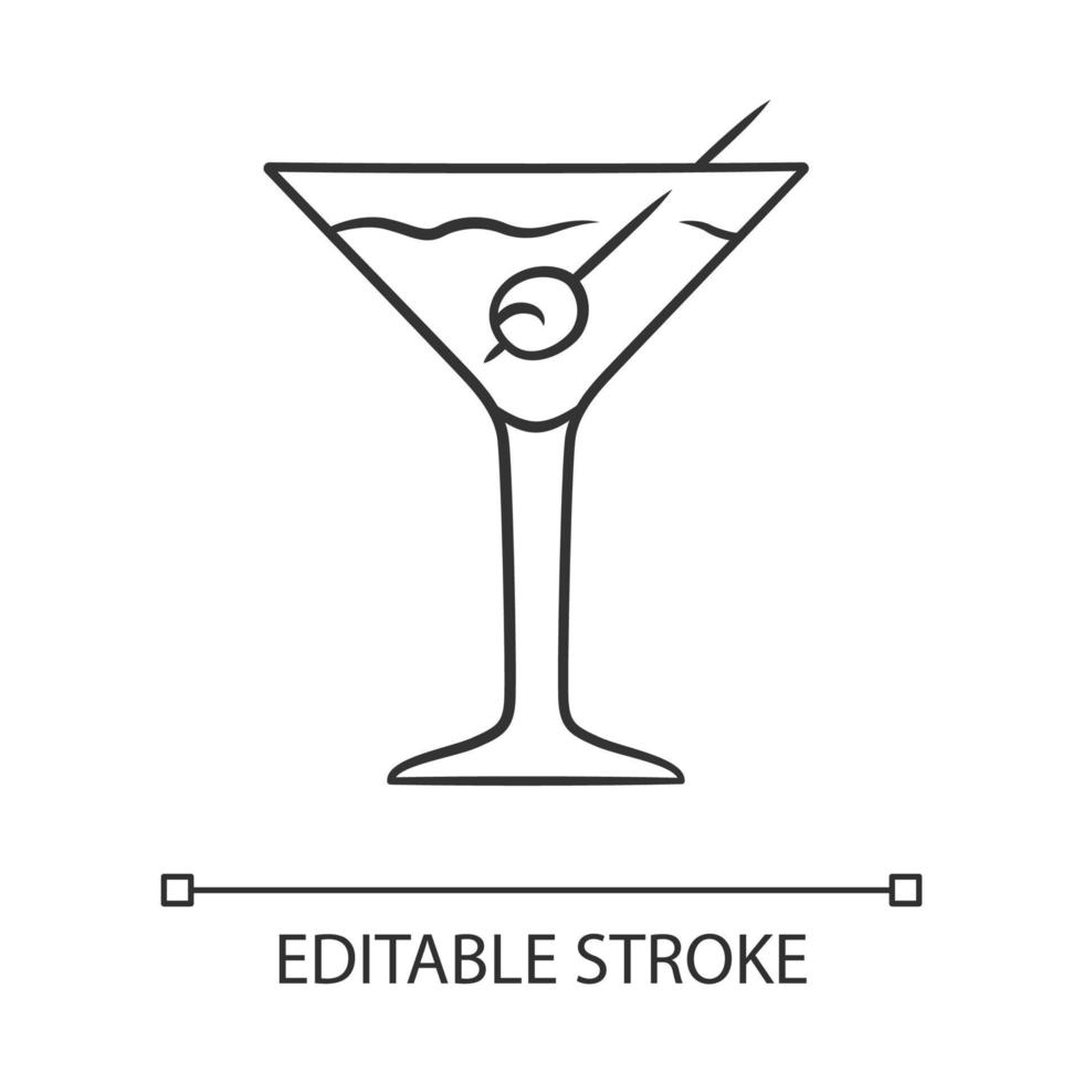 Martini linear icon. Footed glass with drink and olive. Cocktail with gin, vermouth. Tumbler with mixed drink. Thin line illustration. Contour symbol. Vector isolated outline drawing. Editable stroke