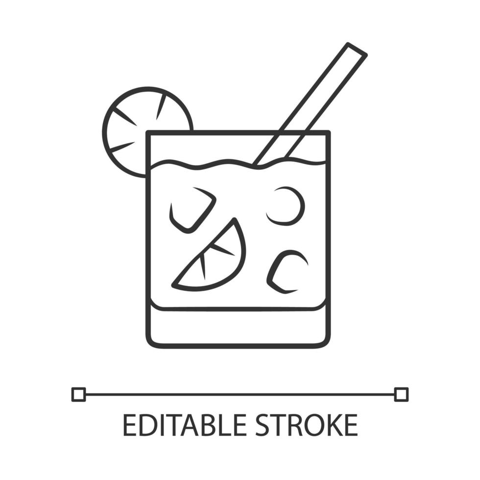 Cocktail in lowball glass linear icon. Refreshing alcohol cold drink in old fashioned tumbler. Thin line illustration. Contour symbol. Vector isolated outline drawing. Editable stroke