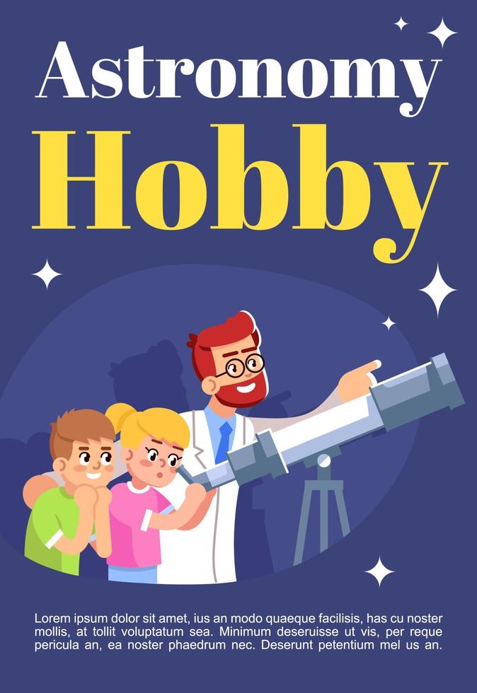 Astronomy hobby brochure template. Flyer, booklet, leaflet concept with flat illustrations. Vector page cartoon layout for magazine. Excursion to observatory advertising invitation with text space