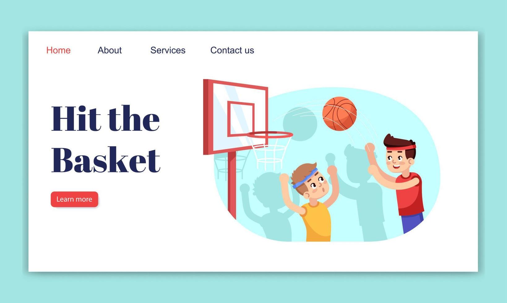 Hit the basket landing page vector template. Sports section for children website interface idea with flat illustrations. Basketball kids contest homepage layout. Web banner, webpage cartoon concept