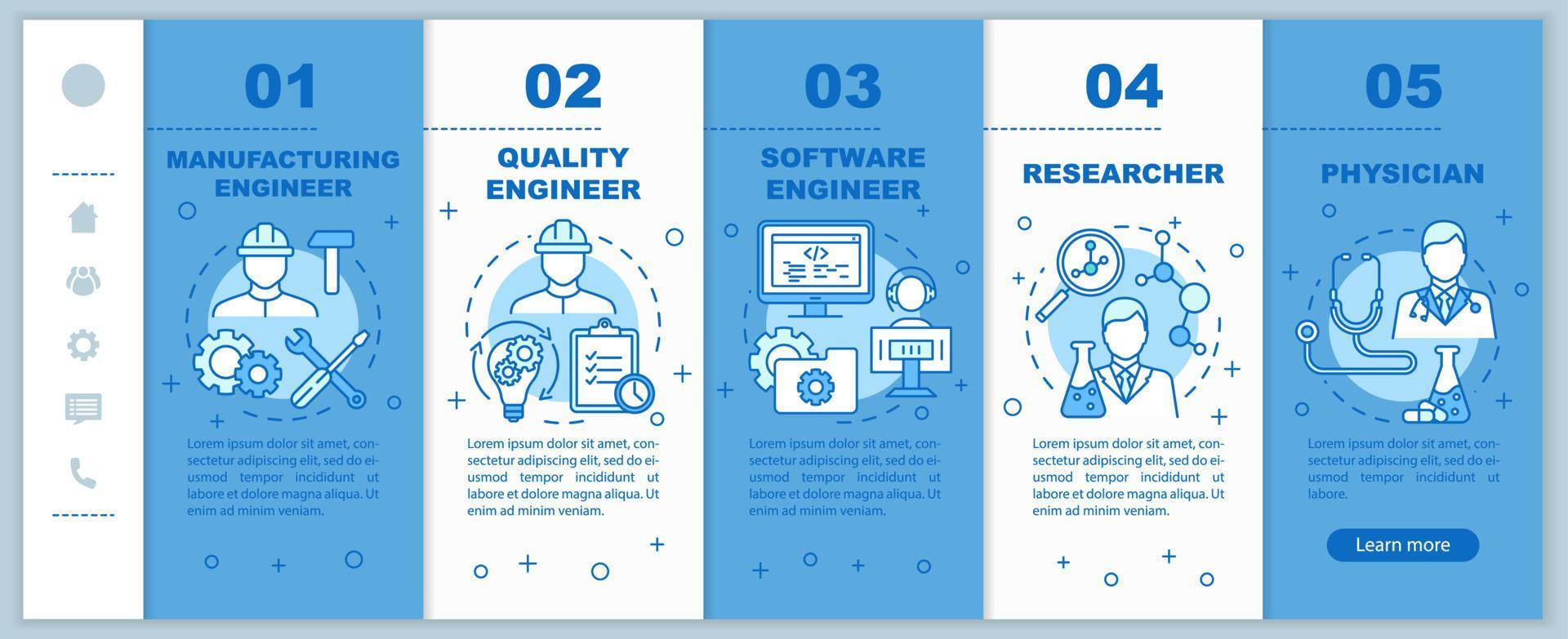 Bioengineering jobs onboarding mobile web pages vector template. Researcher. Responsive smartphone website interface idea with linear illustrations. Webpage walkthrough step screens. Color concept