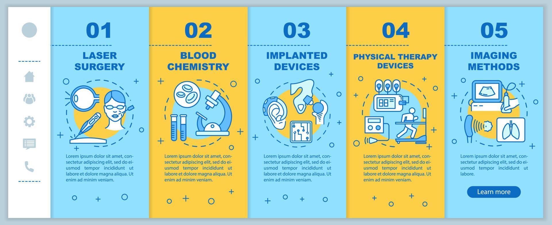 Biomedical engineering onboarding mobile web pages vector template. Laser surgery. Responsive smartphone website interface idea, linear illustrations. Webpage walkthrough step screens. Color concept