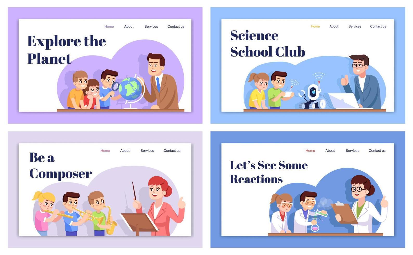 After school landing page vector template set. Children Interest clubs website interface idea with flat illustrations. Extracurricular activities. homepage layout. Web banner, webpage cartoon concept
