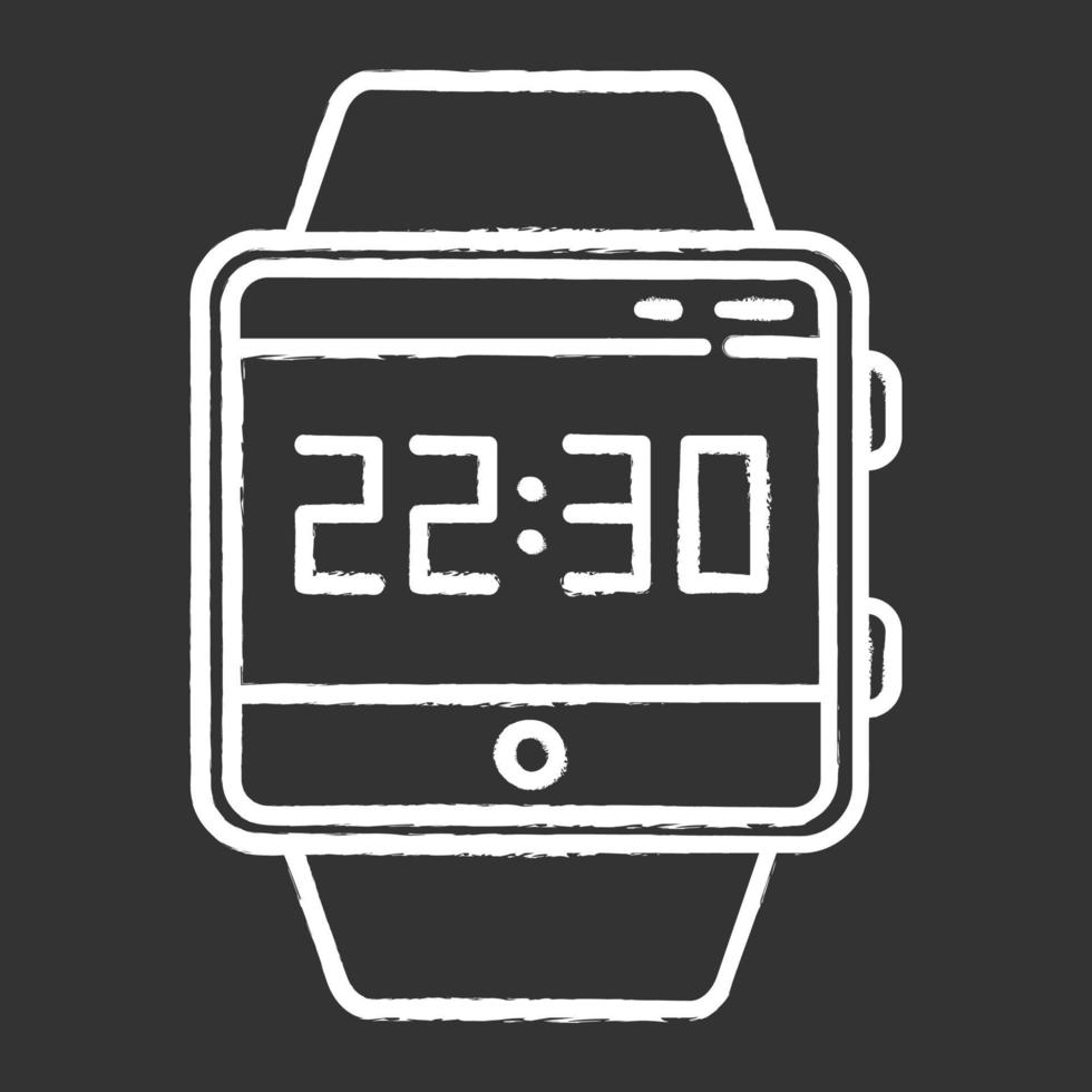 Current time smartwatch chalk icon. Fitness wristband capability. Modern device. Clock, time measurement. Hours, minutes and seconds counting. Isolated vector chalkboard illustration