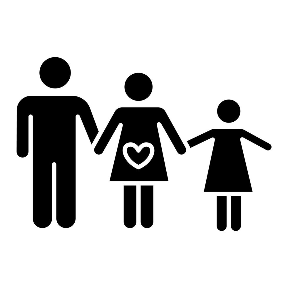 Family planning glyph icon. Husband and wife raising child. Mother and father with daughter. Spousal relationship. Kid with parents. Silhouette symbol. Negative space. Vector isolated illustration