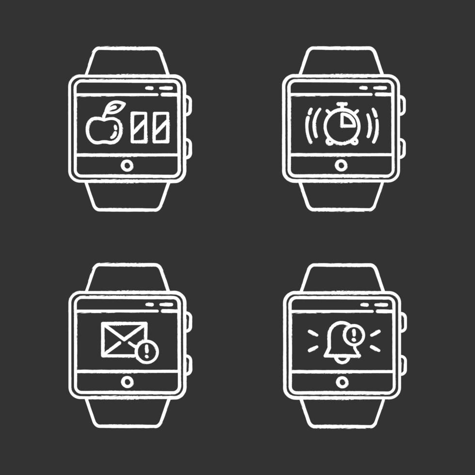 Fitness tracker functions chalk icons set. Wristband smartwatch capabilities and wellness services. Calories counter, stopwatch, notifications, messages. Isolated vector chalkboard illustrations