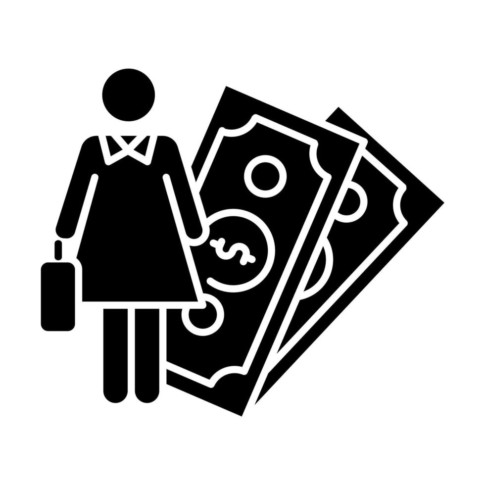 Female economic glyph icon. Woman rights, gender equality. Female finance career. Businesswoman. Capital, money. Feminism, democracy. Silhouette symbol. Negative space. Vector isolated illustration