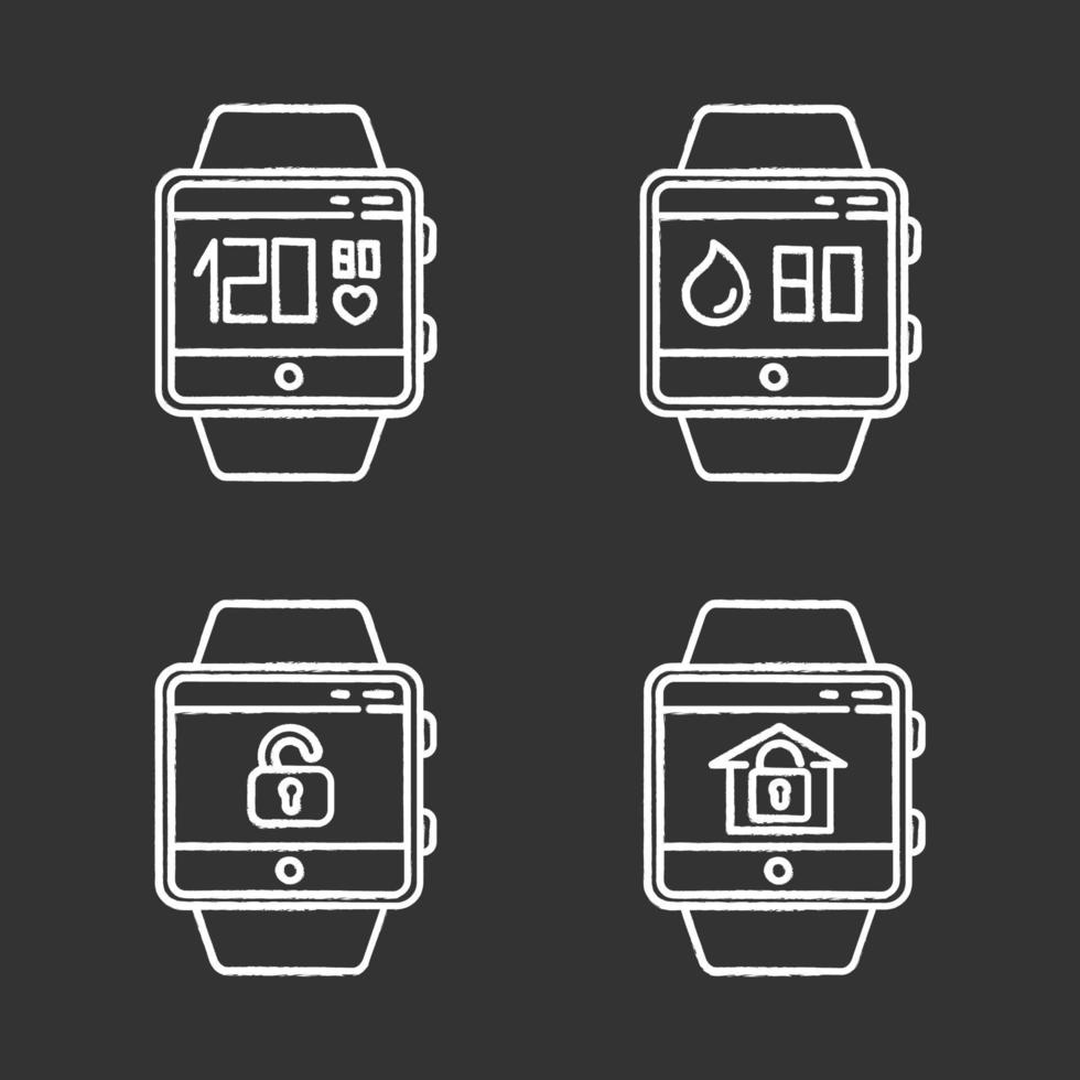 Fitness tracker functions chalk icons set. Wristband smartwatch capabilities and wellness services. Pulse and heartbeat, water balance, lock, unlock. Isolated vector chalkboard illustrations