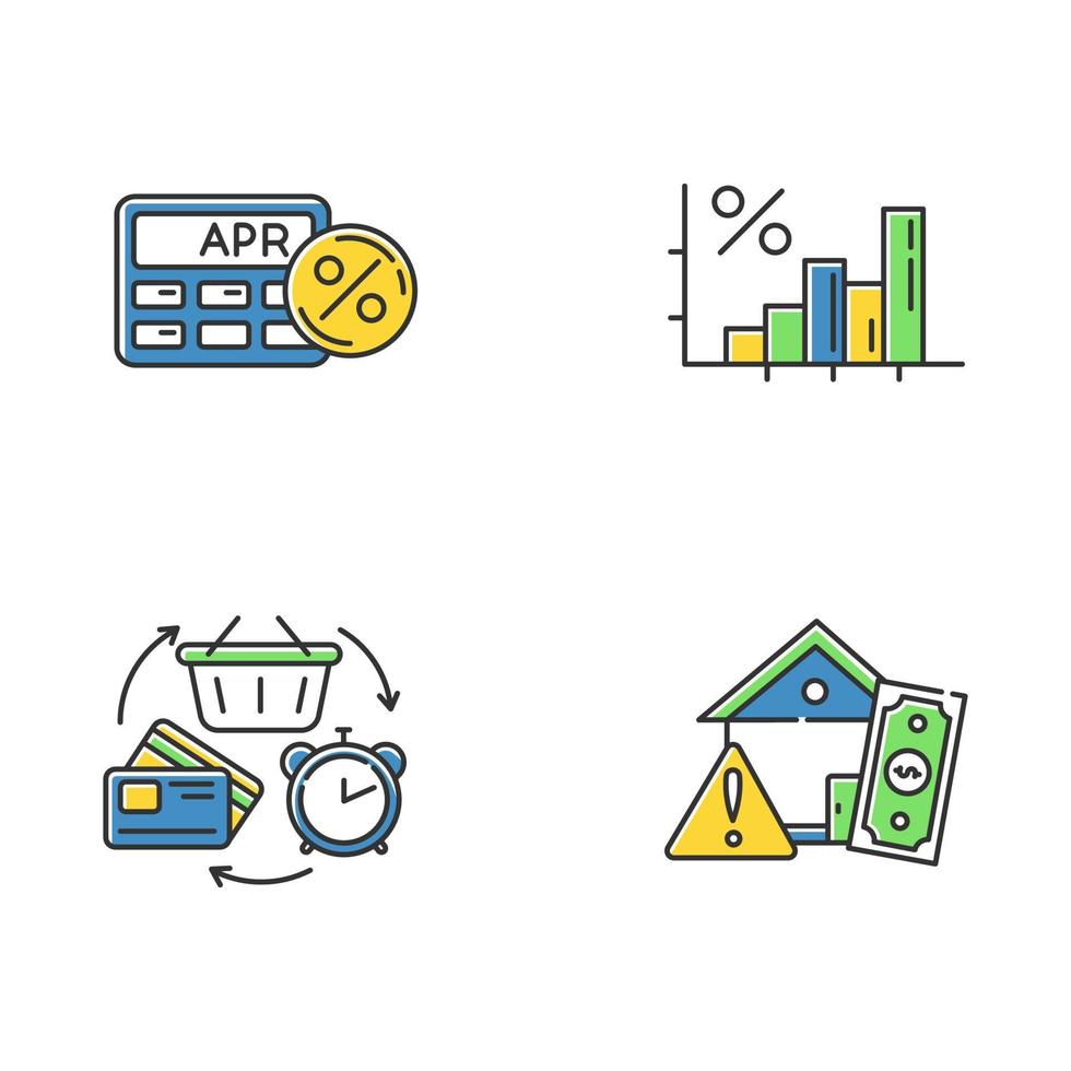 conjunto de iconos de colores de crédito. calculadora de tasa de porcentaje anual. aumento de ingresos, crecimiento presupuestario infografhoc. comercio, venta al por menor. crédito rotativo. riesgo de hipoteca de la vivienda. ilustraciones vectoriales aisladas vector