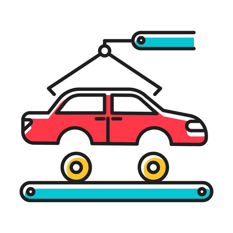 Automotive industry color icon. Car production. Vehicle factory. Automobile repair and fix services. Auto facility with crane and conveyor. Machinery, maintenance. Isolated vector illustration