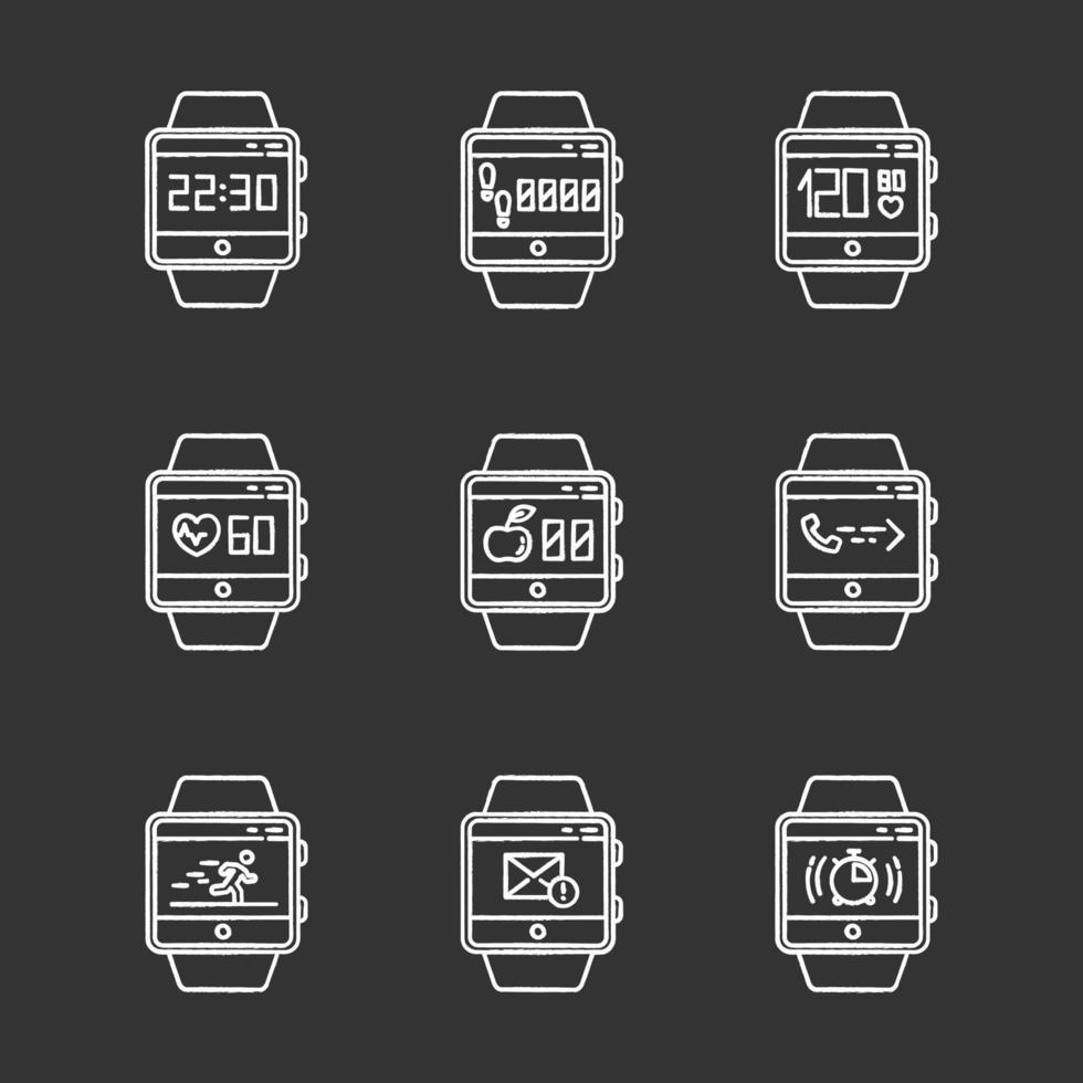 Fitness tracker functions chalk icons set. Wristband smartwatch capabilities and wellness services. Running health applications, tracking steps, heart rate. Isolated vector chalkboard illustrations