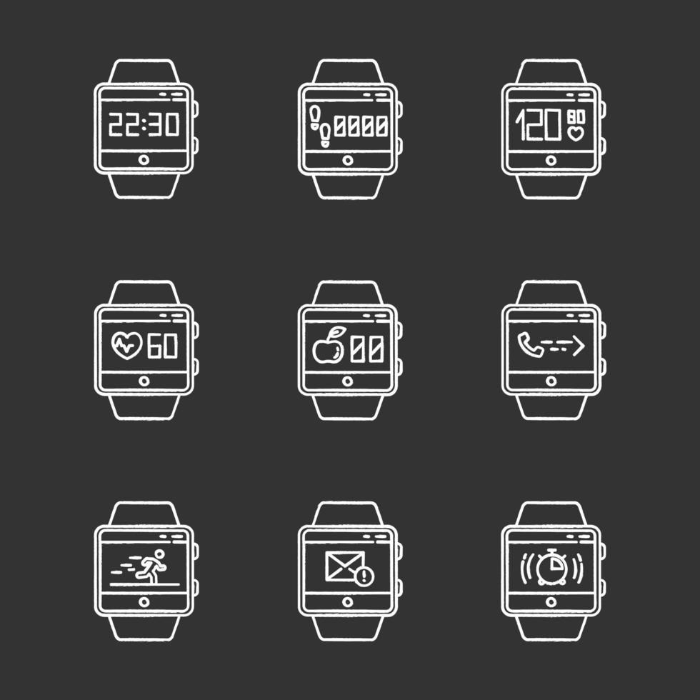 Conjunto de iconos de tiza de funciones de rastreador de fitness. capacidades de reloj inteligente de pulsera y servicios de bienestar. ejecutar aplicaciones de salud, seguimiento de pasos, frecuencia cardíaca. ilustraciones de pizarra vector aislado