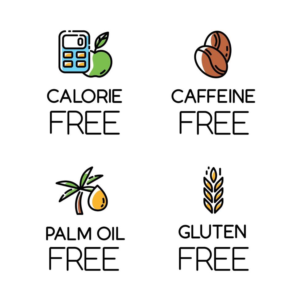 Product free ingredient color icons set. No calories, caffeine, palm oil, gluten. Organic healthy food. Low calories meals. Dietary without allergens and sweeteners. Isolated vector illustrations