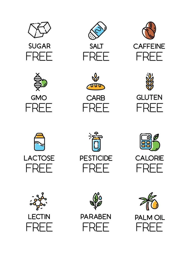 Product free ingredient color icons set. No lectine, paraben, gmo, gluten. Organic food, healthy eating. Low calories meals. Dietary without allergens and sweeteners. Isolated vector illustrations