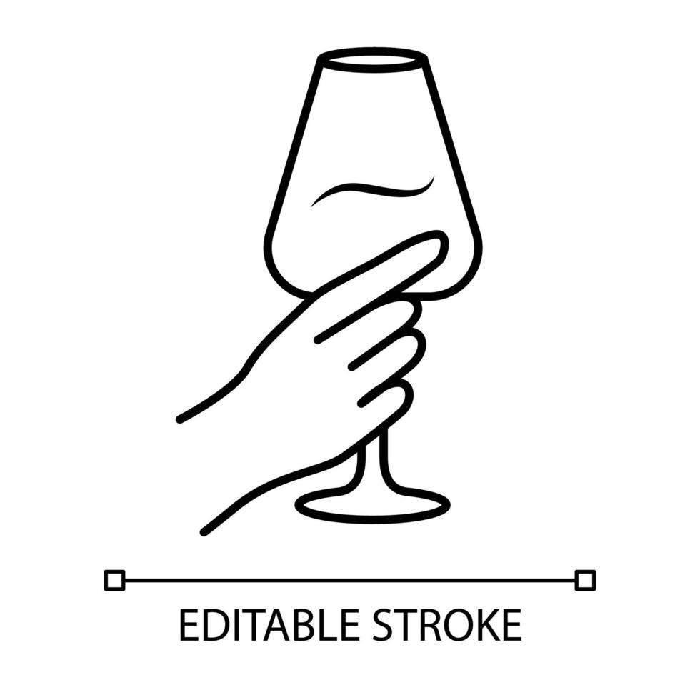 Hand holding wine glass linear icon. Glassful of alcohol beverage. Wine service. Glassware. Party. Toast. Thin line illustration. Contour symbol. Vector isolated outline drawing. Editable stroke