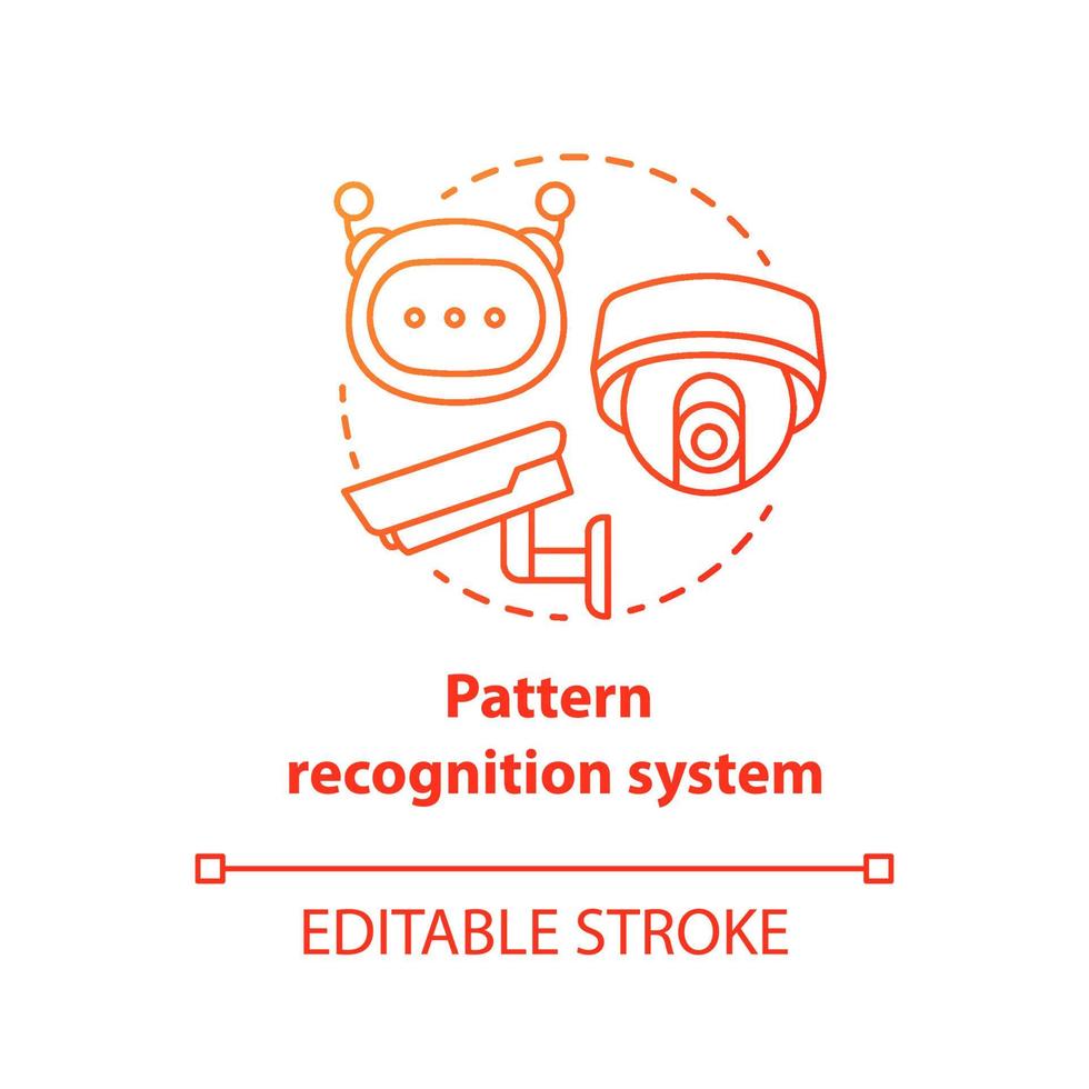 Pattern recognition system red concept icon. Robotic surveillance idea thin line illustration. Innovative cctv cameras. Special futuristic electronics. Vector isolated outline drawing. Editable stroke