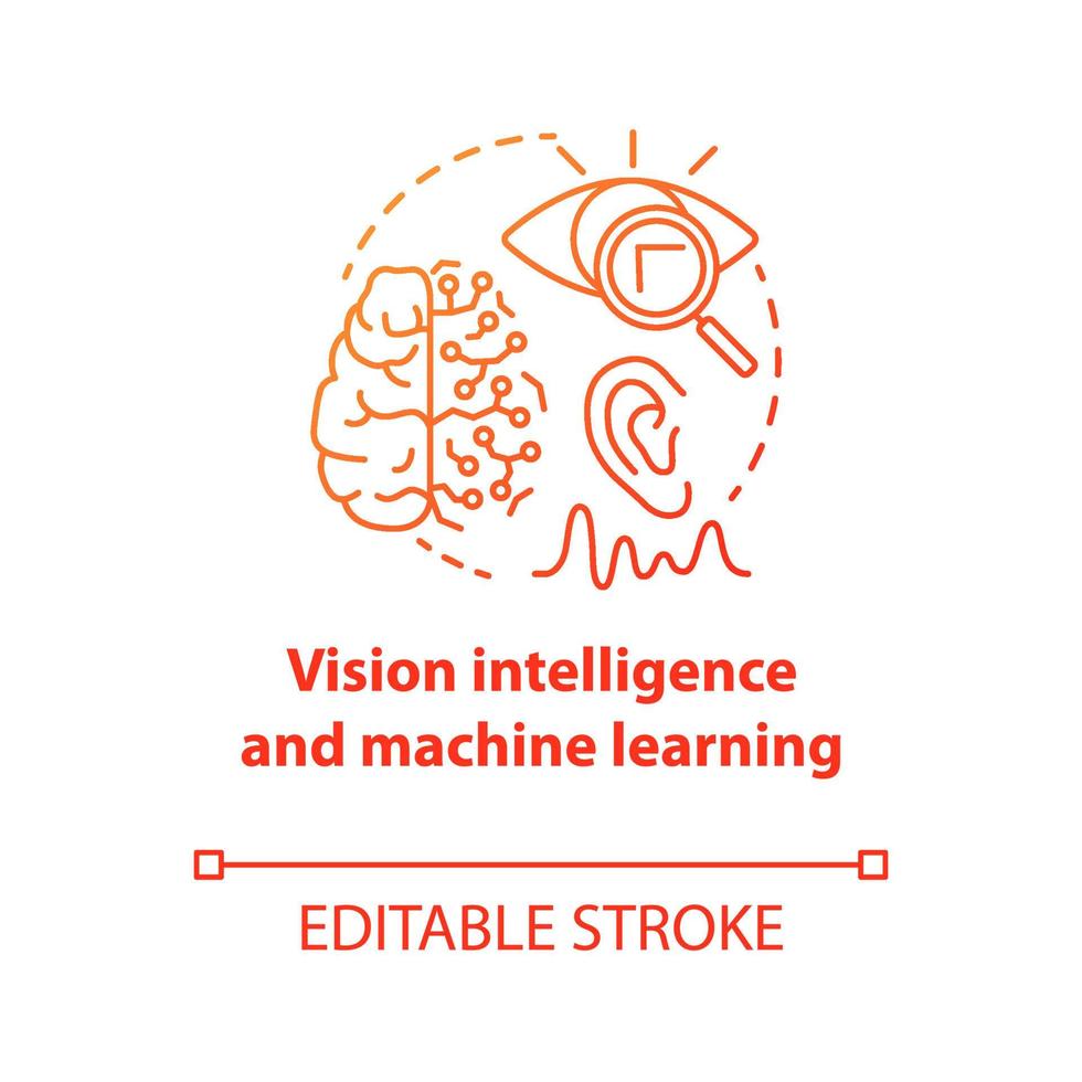 Vision intelligence and machine learning red concept icon. Smart computer system idea thin line illustration. Robotics knowledge. Thinking, analysing. Vector isolated outline drawing. Editable stroke