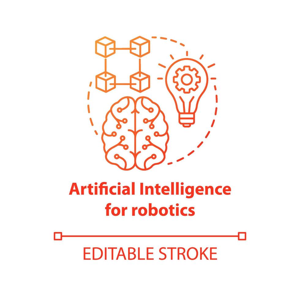 Artificial intelligence for robotics red concept icon. Smart computer system idea thin line illustration. Machine knowledge. Thinking and analysing. Vector isolated outline drawing. Editable stroke