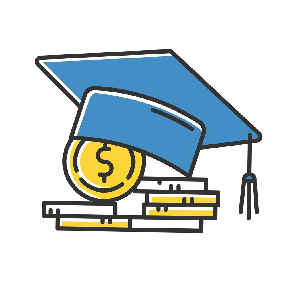 icono de color de préstamo estudiantil. crédito para pagar la educación universitaria. tasa de matrícula. beca universitaria. sombrero de graduación, pila de monedas. Inversión presupuestaria. logro académico. ilustración vectorial aislada vector