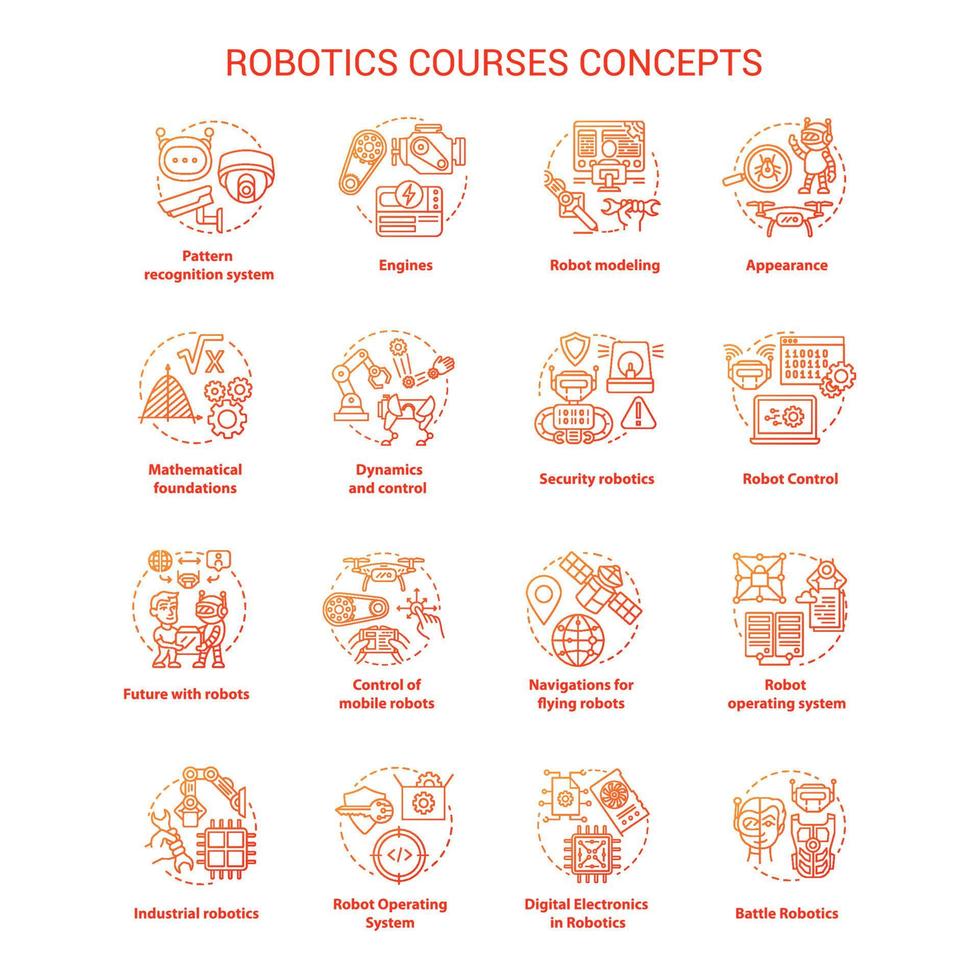 Robotics courses red concept icons set. Creating robots idea thin line illustrations. Making electronics, devices. Lessons of robot modelling. Vector isolated outline drawings. Editable stroke