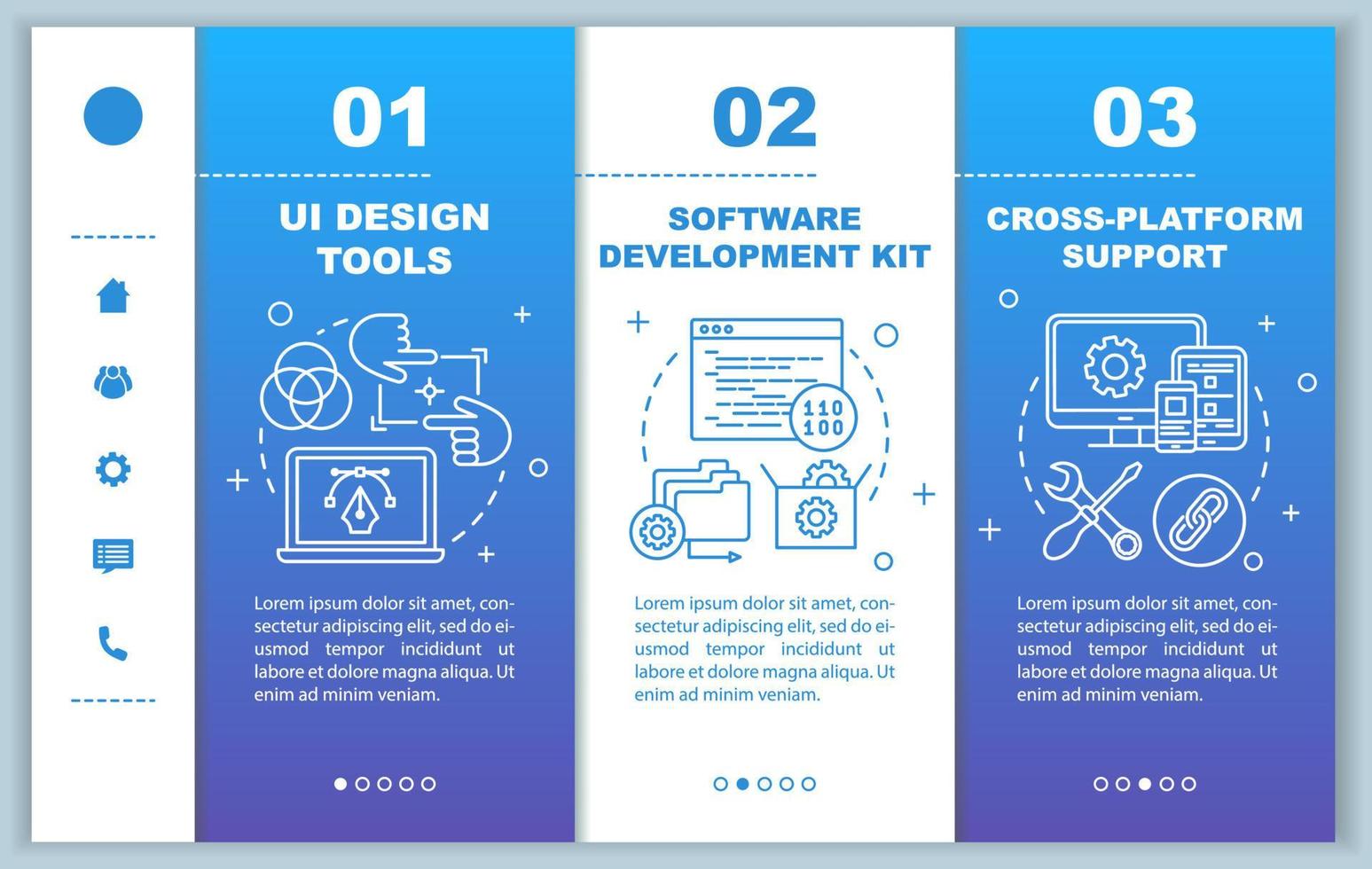 desarrollo de software onboarding plantilla de vector de páginas web móviles. idea de interfaz de sitio web de teléfono inteligente sensible con ilustraciones lineales. pantallas de pasos del tutorial de la página web. concepto de color