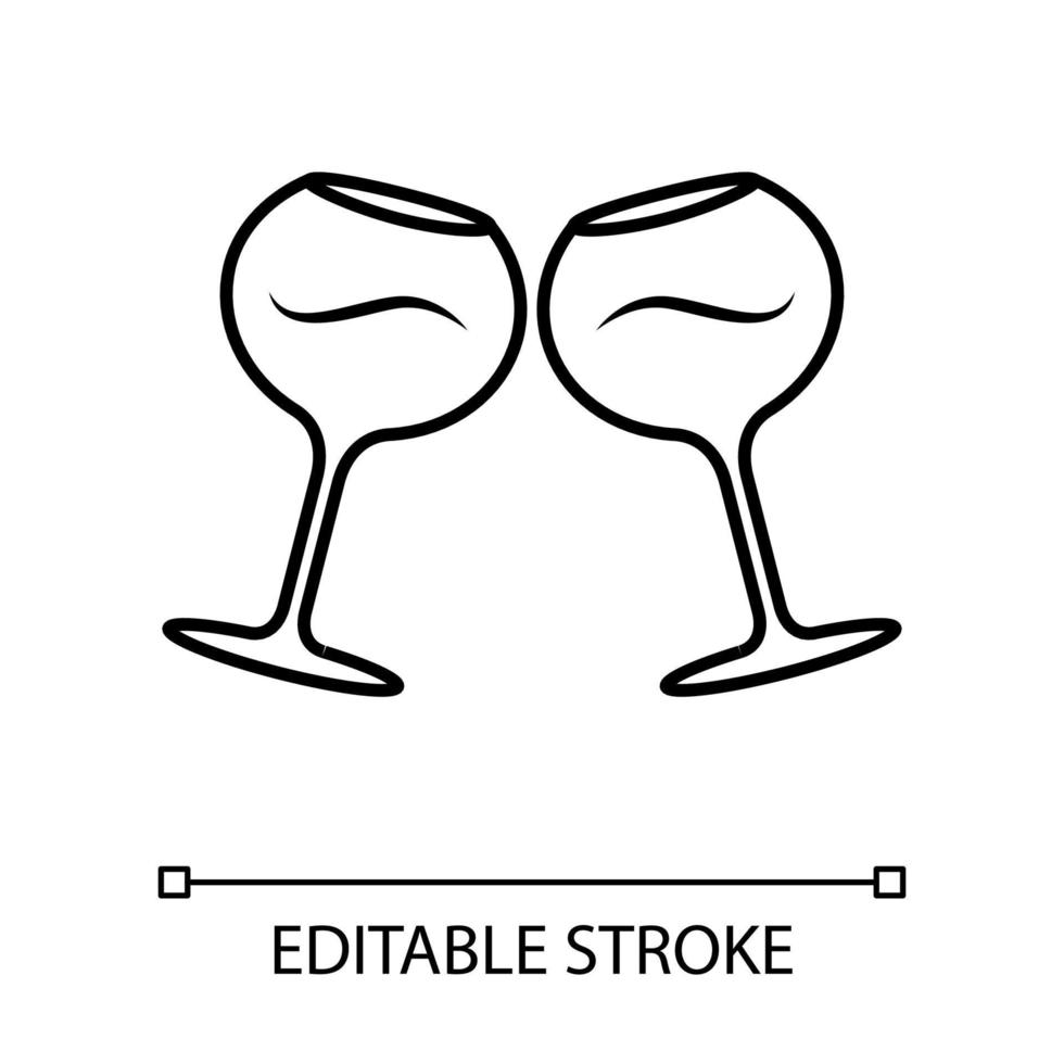 Two clinking wine glasses linear icon. Glassfuls of alcohol beverage. Wine service. Celebration. Toast. Cheers. Thin line illustration. Contour symbol. Vector isolated outline drawing. Editable stroke