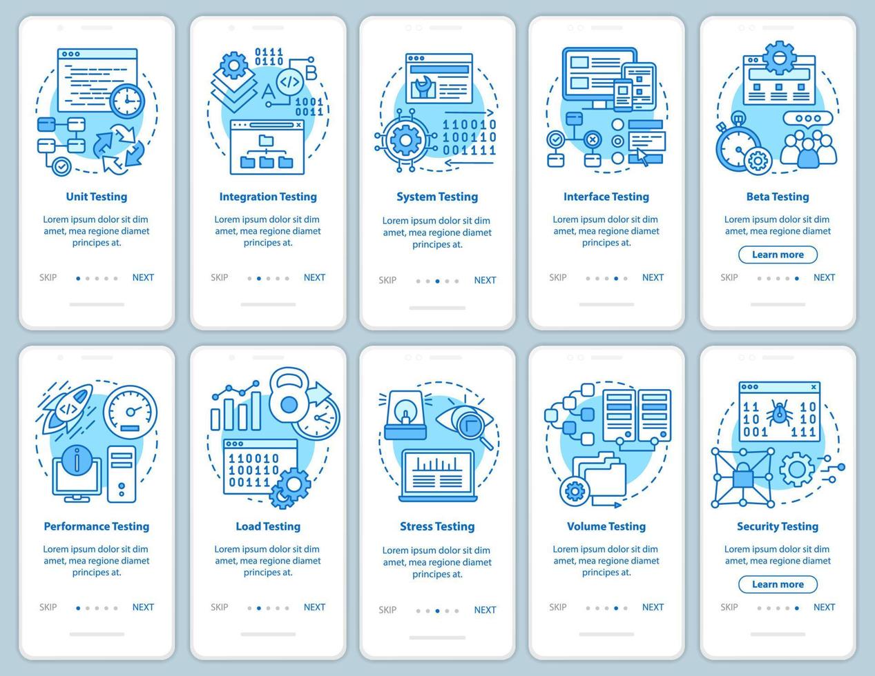 software que prueba la plantilla azul del vector de la pantalla de la página de la aplicación móvil incorporada. análisis de rendimiento. paso a paso del sitio web con ilustraciones lineales. concepto de interfaz de teléfono inteligente ux, ui, gui