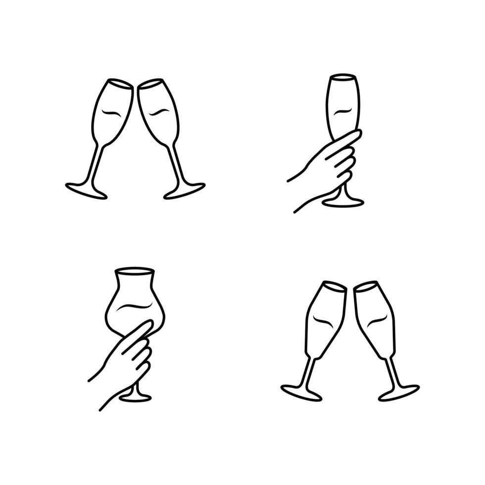 Wine service linear icons set. Clinking champagne glasses. Hands holding alcohol drinks. Celebration. Cheers. Toast. Thin line contour symbols. Isolated vector outline illustrations. Editable stroke