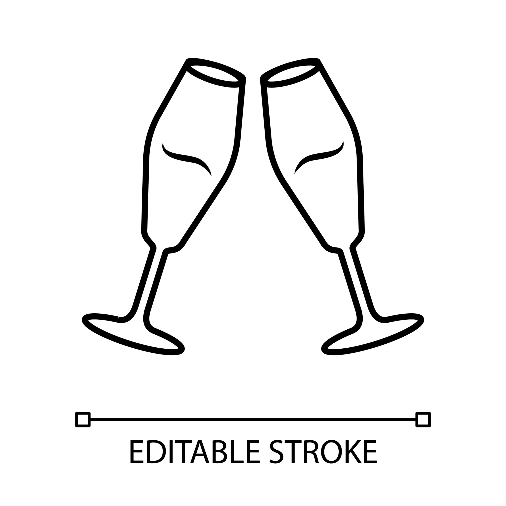 Two clinking champagne glasses linear icon. Glassfuls of alcohol drink