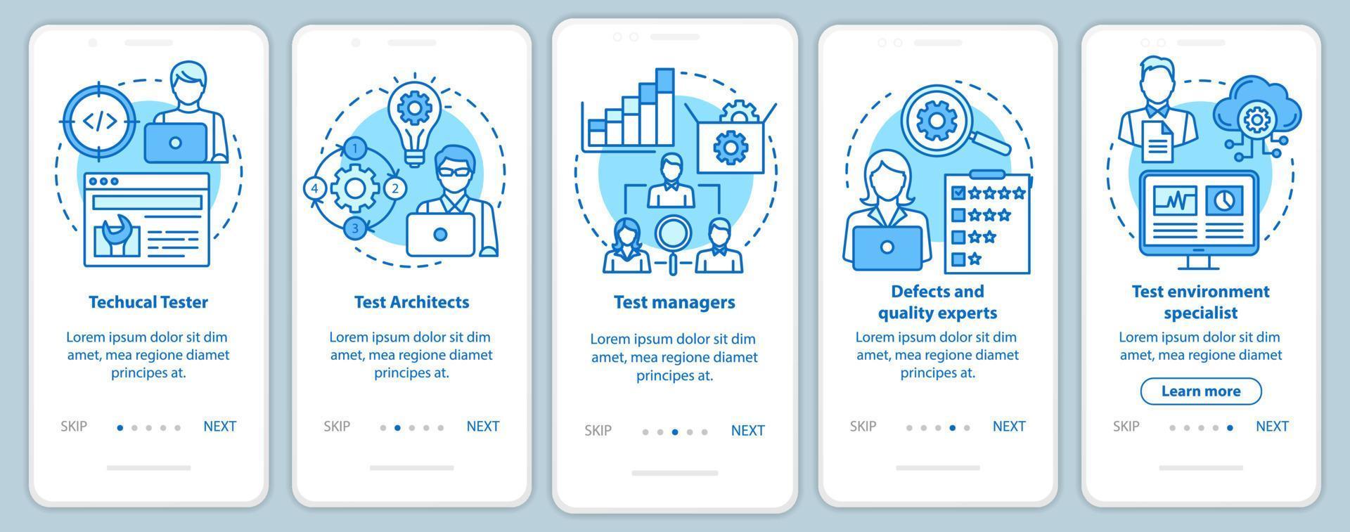 Roles de prueba de software Plantilla de vector de pantalla de página de aplicación móvil de incorporación azul. expertos en control de calidad. paso a paso del sitio web con ilustraciones lineales. concepto de interfaz de teléfono inteligente ux, ui, gui