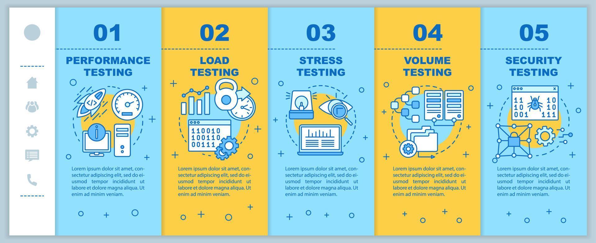 Program performance testing onboarding mobile web pages vector template. Responsive smartphone website interface idea with linear illustrations. Webpage walkthrough step screens. Color concept