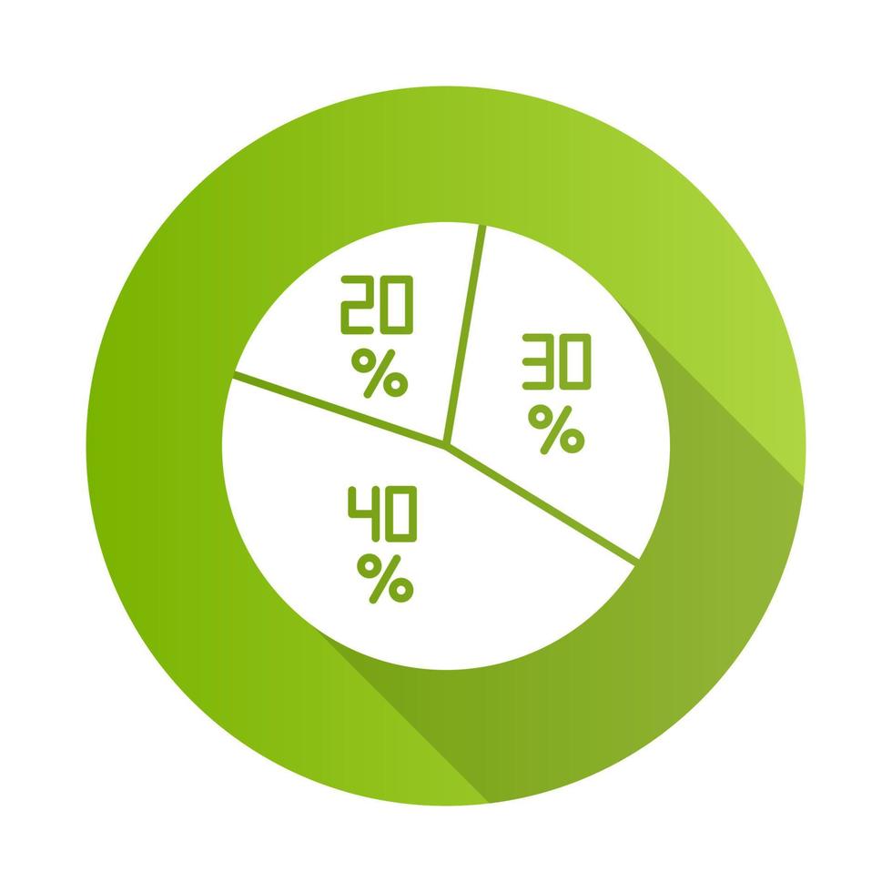 Pie diagram green flat design long shadow glyph icon. Round chart with segments. Circle infographic. Business report with interest rates. Financial research. Targeting. Vector silhouette illustration