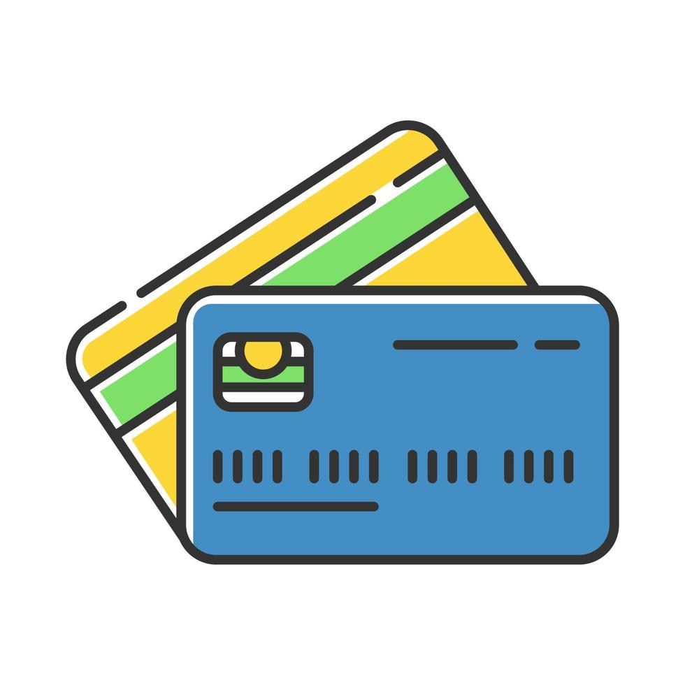 Plastic credit cards color icon. Purchase goods online. Pay without cash. Credit bank accout. Borrow, lend money. Open deposit. Finances, economy. Digital currency. Isolated vector illustration