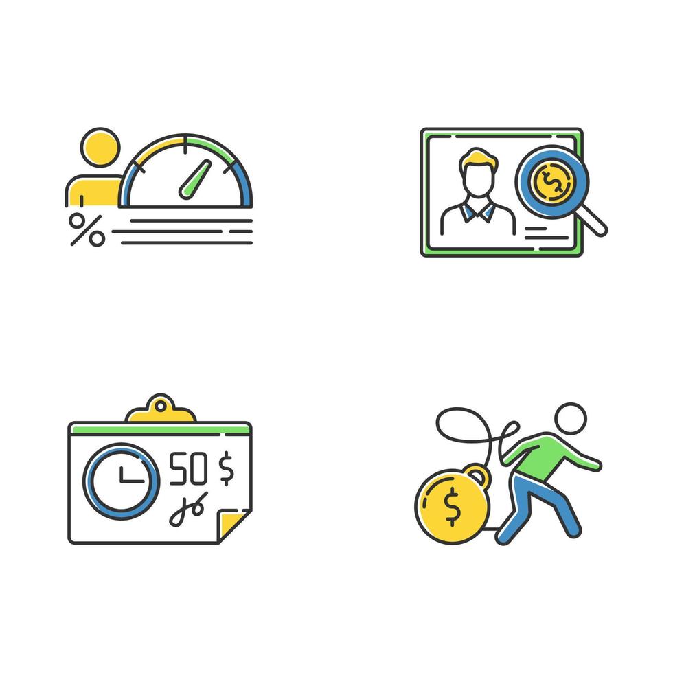 Loan color icons set. Personal creditworthiness report. Bunkrapcy risk. Credit score diagram. Paycheck, bill, tax sheet with price. Heavy credit card debt. Isolated vector illustrations