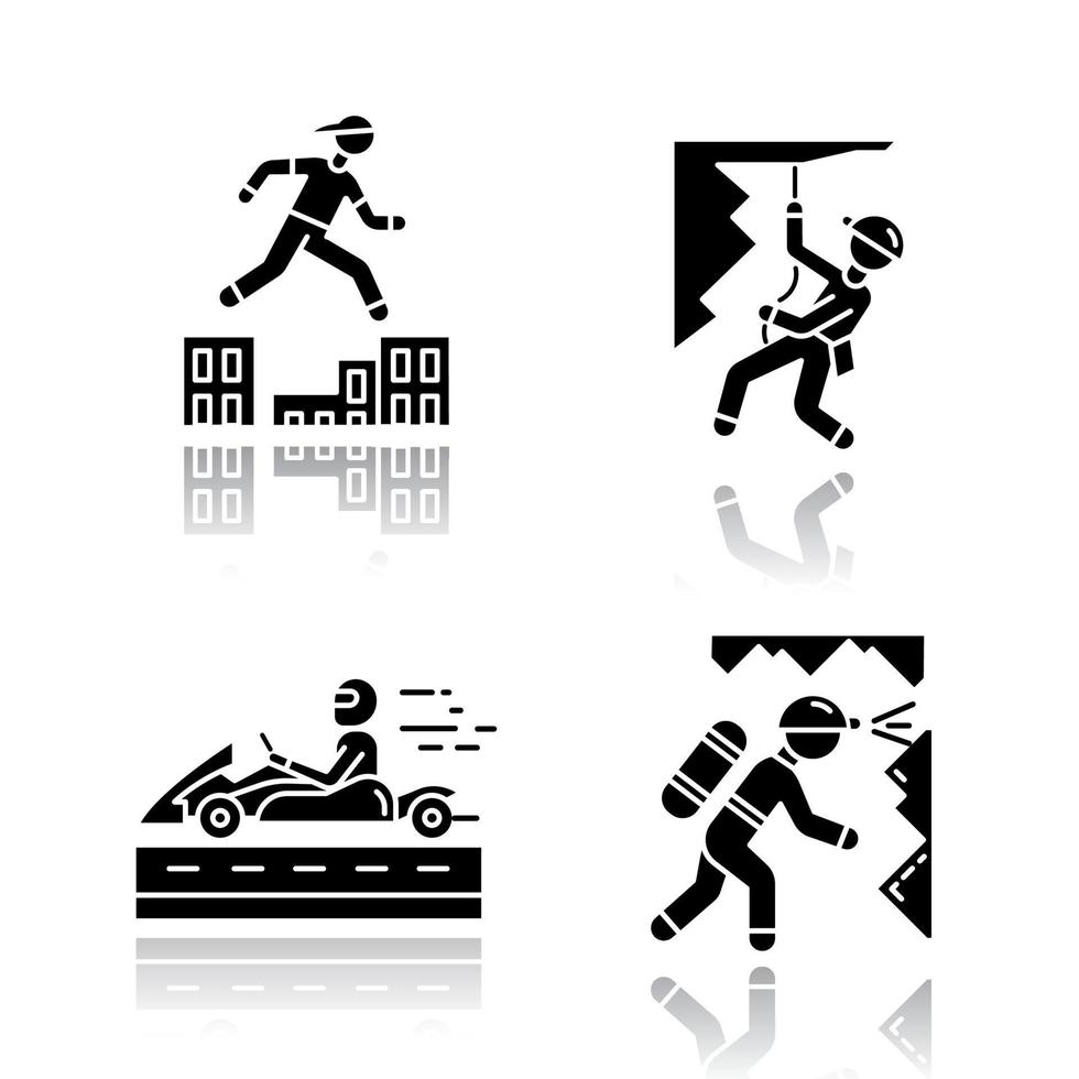 Extreme sports color drop shadow black glyph icons set. Parkour, traversing obstacles. Abseiling, rappelling. Alpinism, mountaineering. Caving, potholing. Spelunking. Isolated vector illustrations