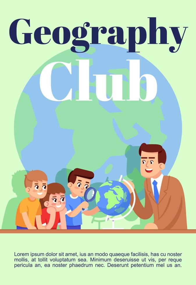 Geography club brochure template. Flyer, booklet, leaflet concept with flat illustrations. Vector page cartoon layout for magazine. Earth science for kids advertising invitation with text space