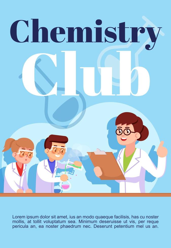 Plantilla de folleto de club de química. folleto, folleto, concepto de folleto con ilustraciones planas. diseño de dibujos animados de página de vector para revista. Clases de ciencias para niños, invitación publicitaria con espacio de texto.