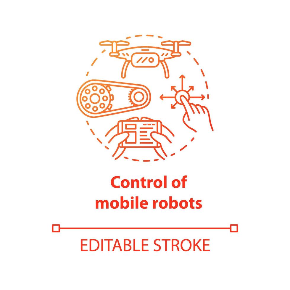 Control of mobile robots red concept icon. Motion at distance idea thin line illustration. Software and controllers for drones, devices. Vector isolated outline drawing. Editable stroke