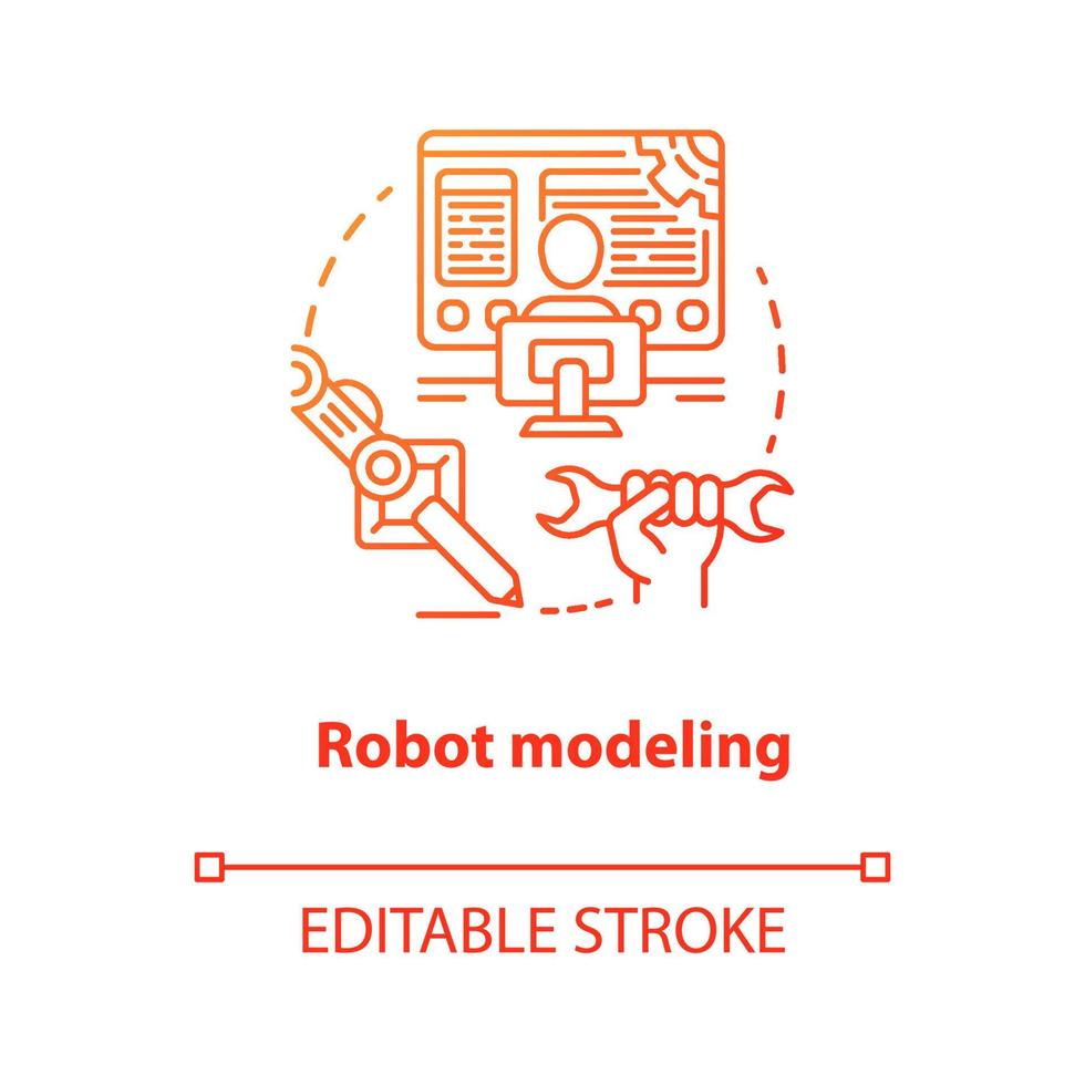 Robot modeling red concept icon. Creating computers idea thin line illustration. Making design of electronics, devices. Developing robotics. Vector isolated outline drawing. Editable stroke