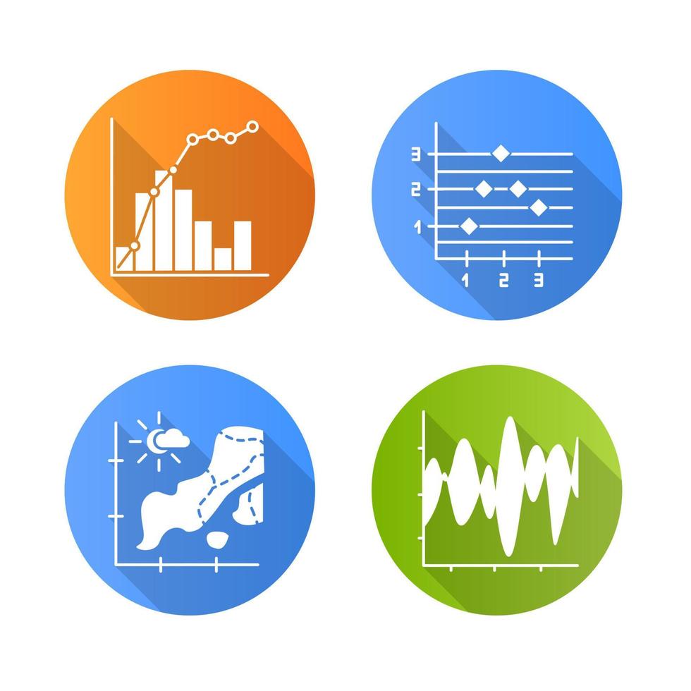 conjunto de iconos de glifo de larga sombra de diseño plano gráfico y gráfico. mapa de temperatura. gráfico de puntos y figuras. gráfico mixto con histograma y elementos lineales. curva de vibración. ilustración de silueta de vector