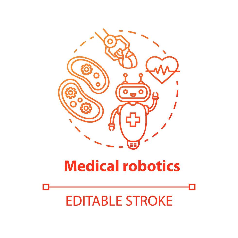 Medical robotics red concept icon. Health care computer machines idea thin line illustration. Types of robots. Innovative hospital system. Vector isolated outline drawing. Editable stroke